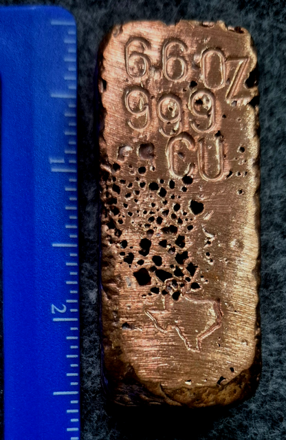 Unique 6.6oz Texas Logo Hand Pour Pure 999 Copper Bar/ingot Chunky 2.5 X 1 X 3/4