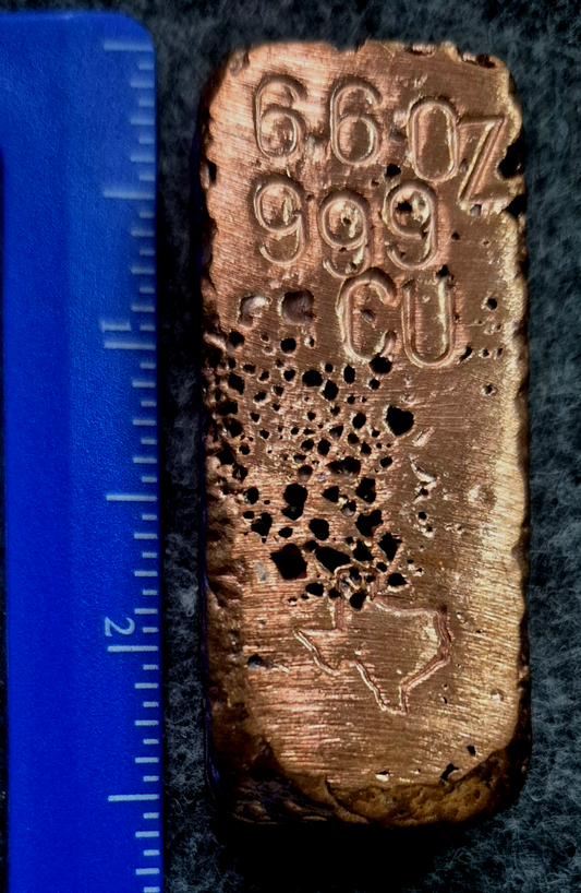 Unique 6.6oz Texas Logo Hand Pour Pure 999 Copper Bar/ingot Chunky 2.5 X 1 X 3/4