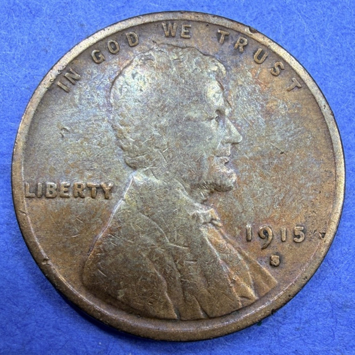1915-S Lincoln Wheat Cent 1C VG Rainbow Toned Toner Semi Key Date San Francisco