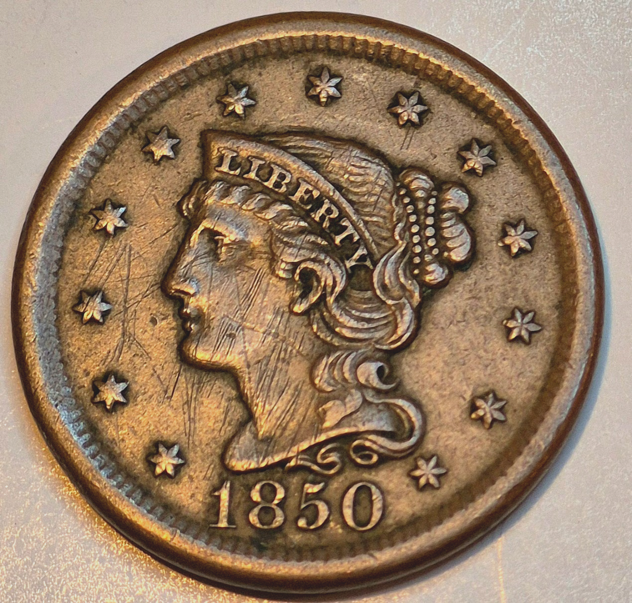 1850 Braided Hair Large Cent Variant N20 R5 GSID 1150 Strong AU Features 1C