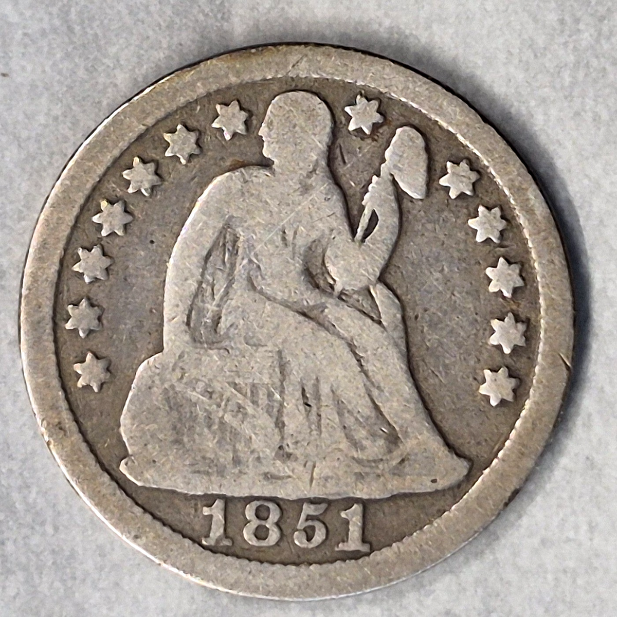 1851 Seated Liberty Dime 10C Philadelphia 90% Silver Pre-Civil War Good+