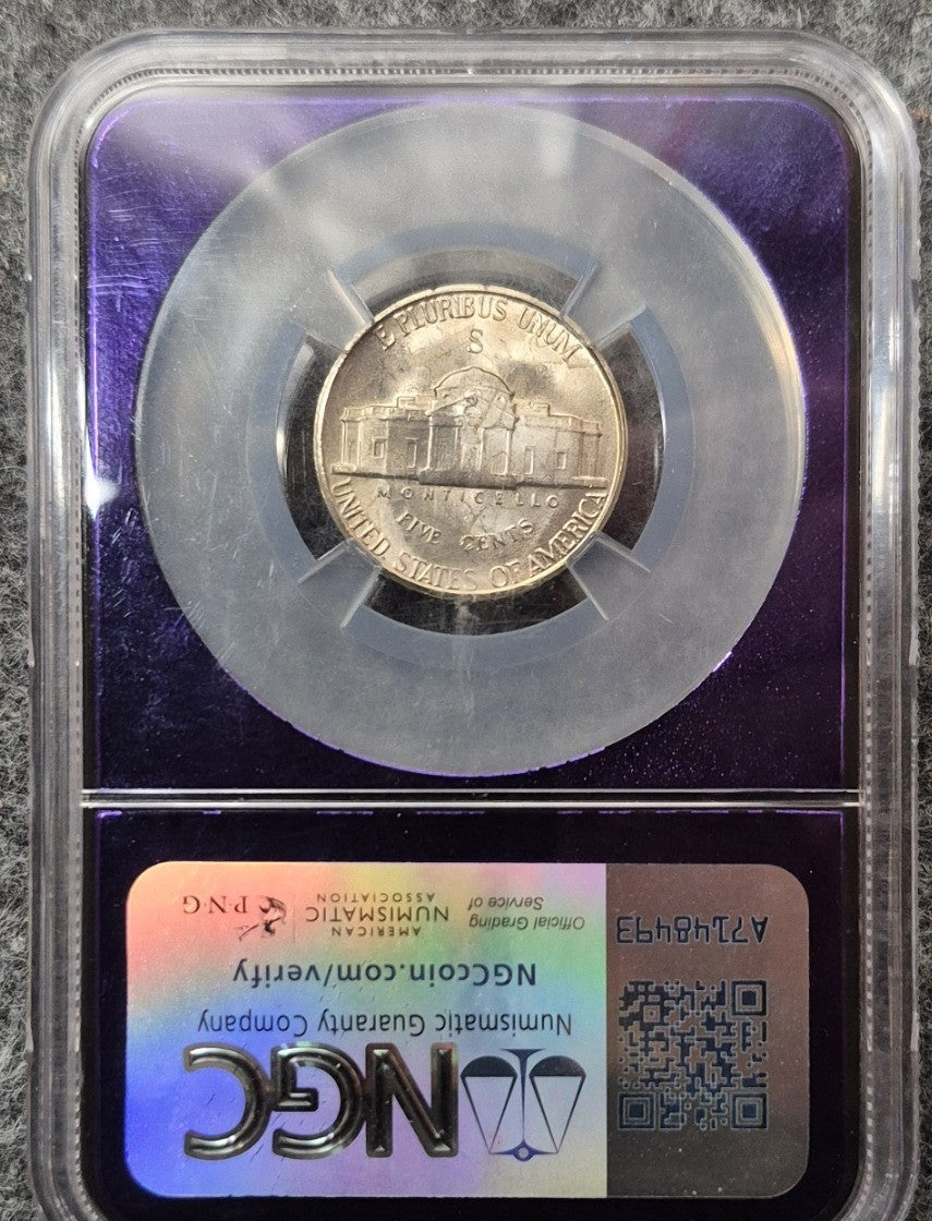 1944-S Jefferson War Nickel NGC MS65 Trader Bea Purple Core 35% Silver WWII 5C