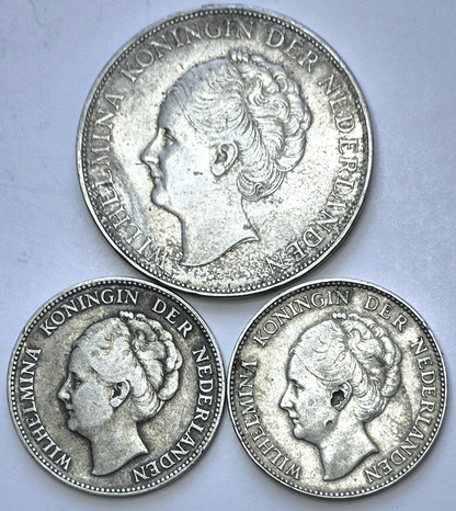LOT (3) Netherlands SILVER Coins, (1) 2-1/2 Gulden-1930, (2) 1 Gulden-1931