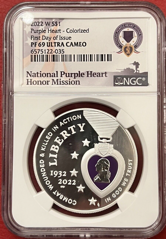 💜 2022W Proof Silver COLORIZED PURPLE HEART  Dolla NGC PF69 UC FDOI VERY RARE💜