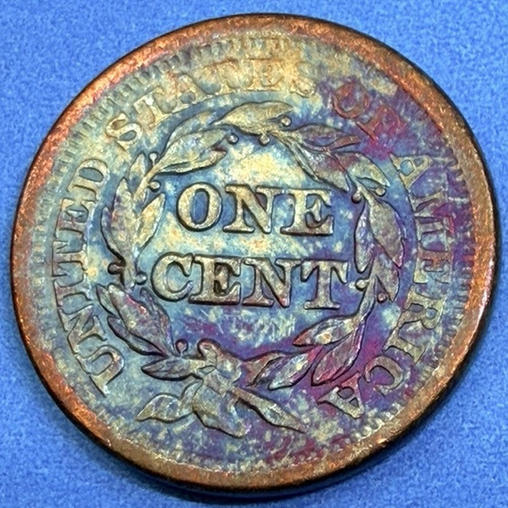 1851 Braided Hair Large Cent 1C XF-AU Rainbow Toned Copper Penny US Coin