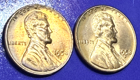 TONED END ROLL BEAUTIES 2 Coins 1958-D Lincoln Wheat Cents 1C BU Uncirculated