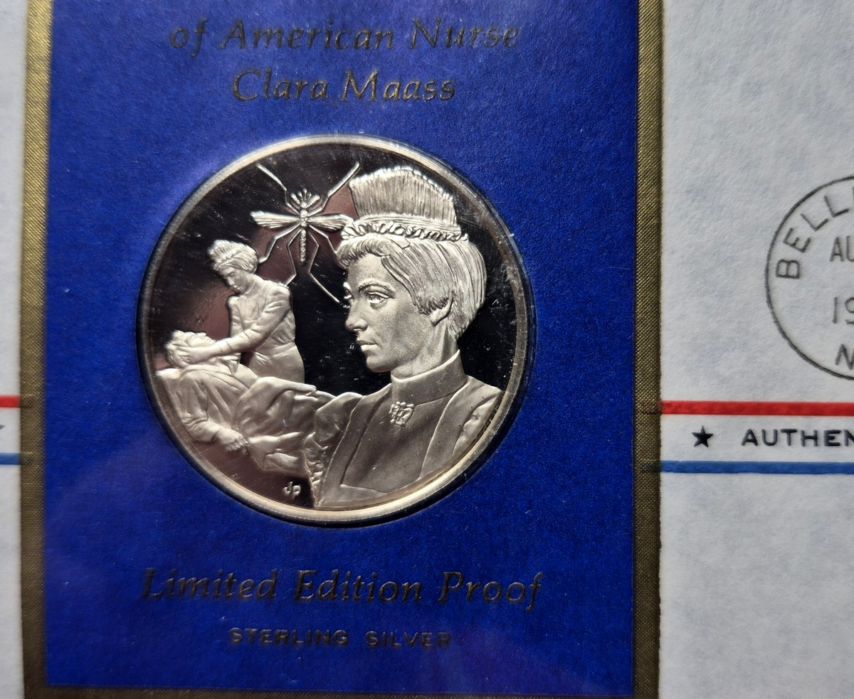 1976 Postmasters of America Clara Maass Sterling Silver Proof Medal FDC Set