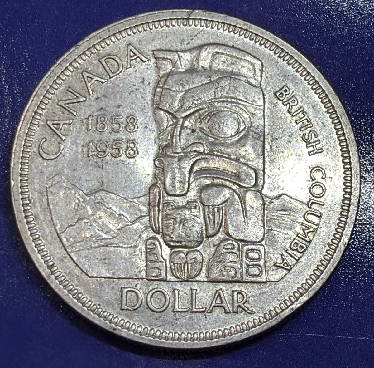 1958 Canada British Columbia Totem Pole Silver Dollar $1 AU 80% Silver Coin