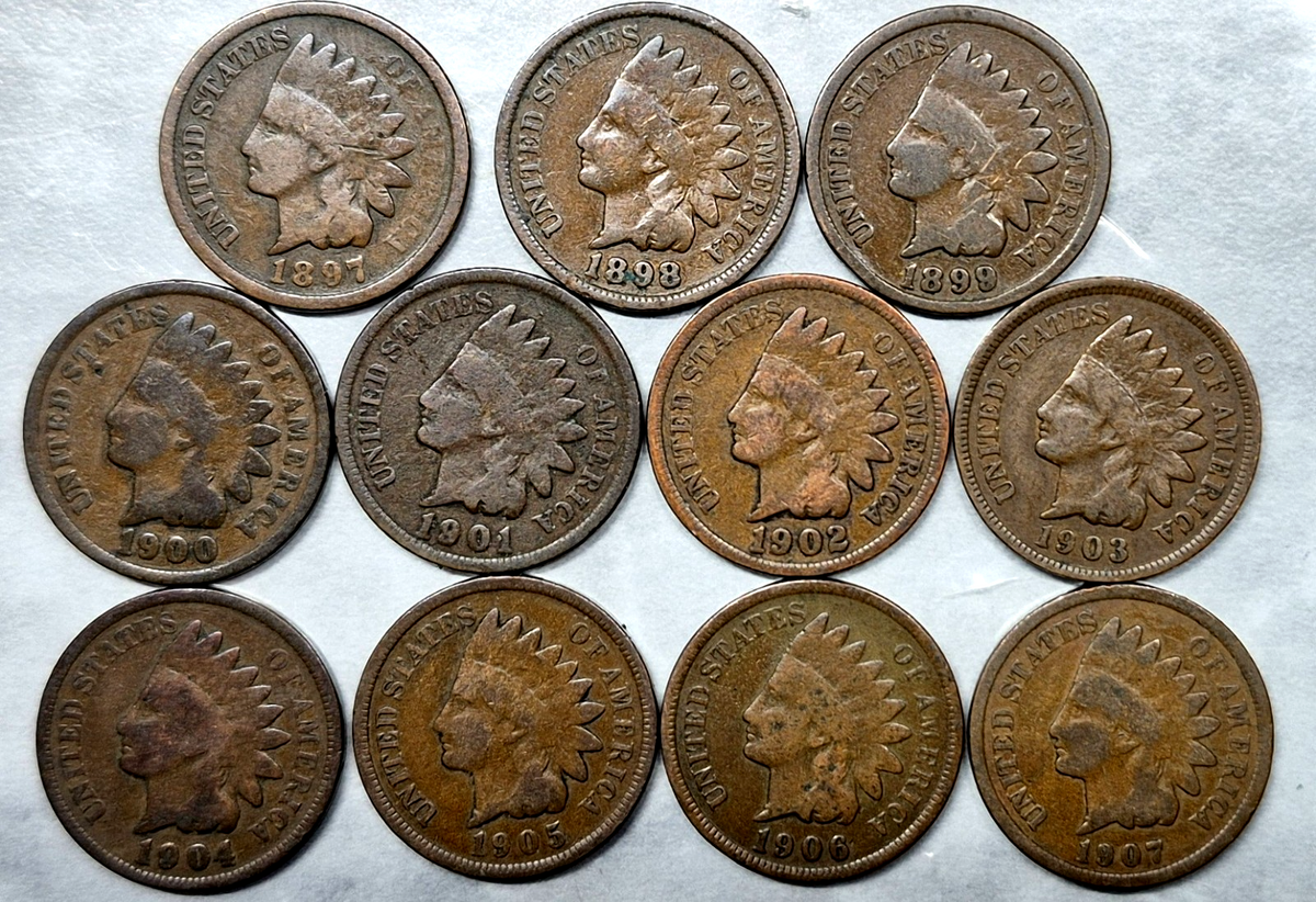 1897-1907 Indian Head Cent Penny Lot 11 Coins Complete Date Run Good 1C Set