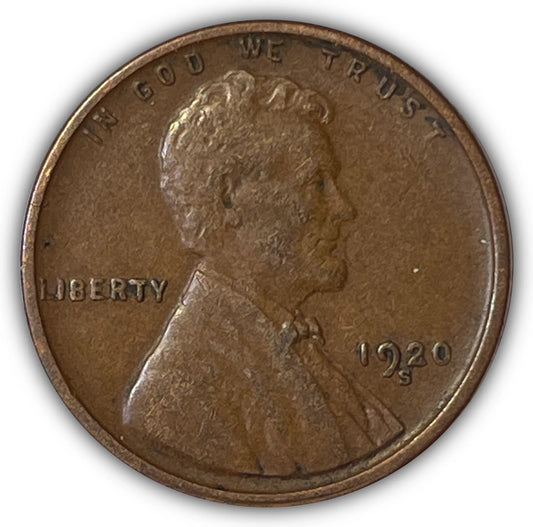 1920 S BN Lincoln Wheat Cent Good (G) to FINE (F) Circulated Condition Coin