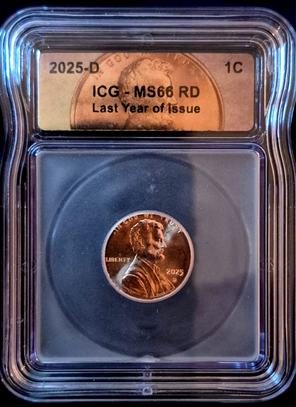 2025-D Lincoln Penny ICG MS66 RD - Last Year of Issue - Union Shield Final Year 