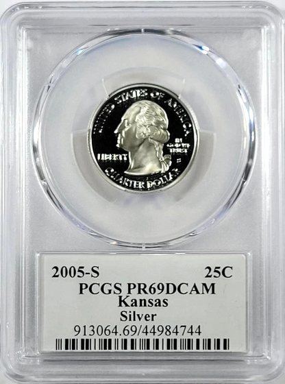 ✅ 2005-S Kansas 90% SILVER Washington Quarter ~ PCGS PR69DCAM State Flag Label