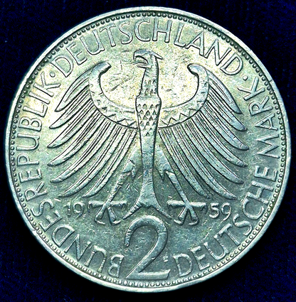 1959 F Germany 2 Mark, Max Planck, Very Low Mintage Only 203,000  AU-MS Features