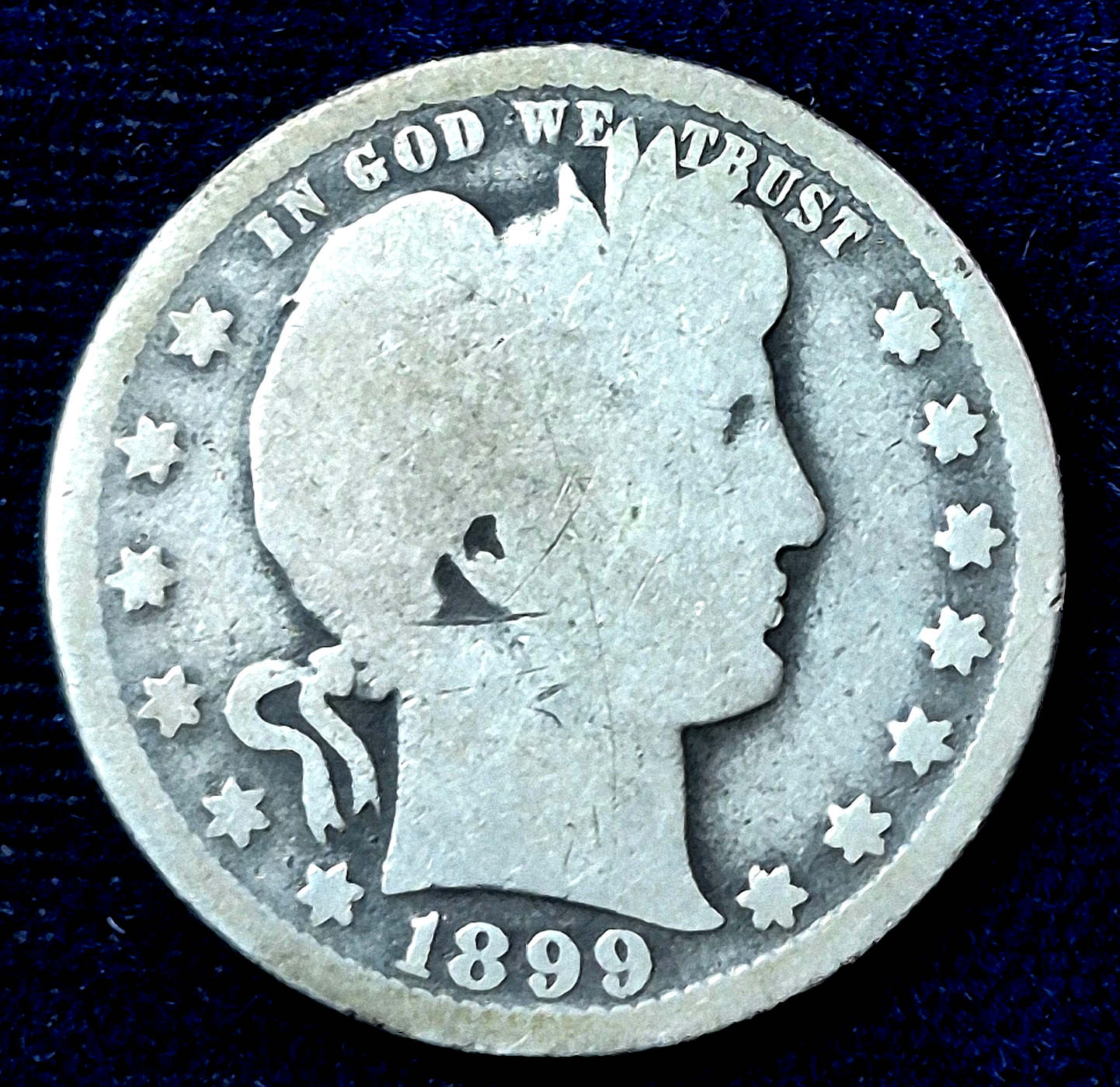 1899-O Barber 90% Silver Quarter G+ Good Features U.S. 25c Coin