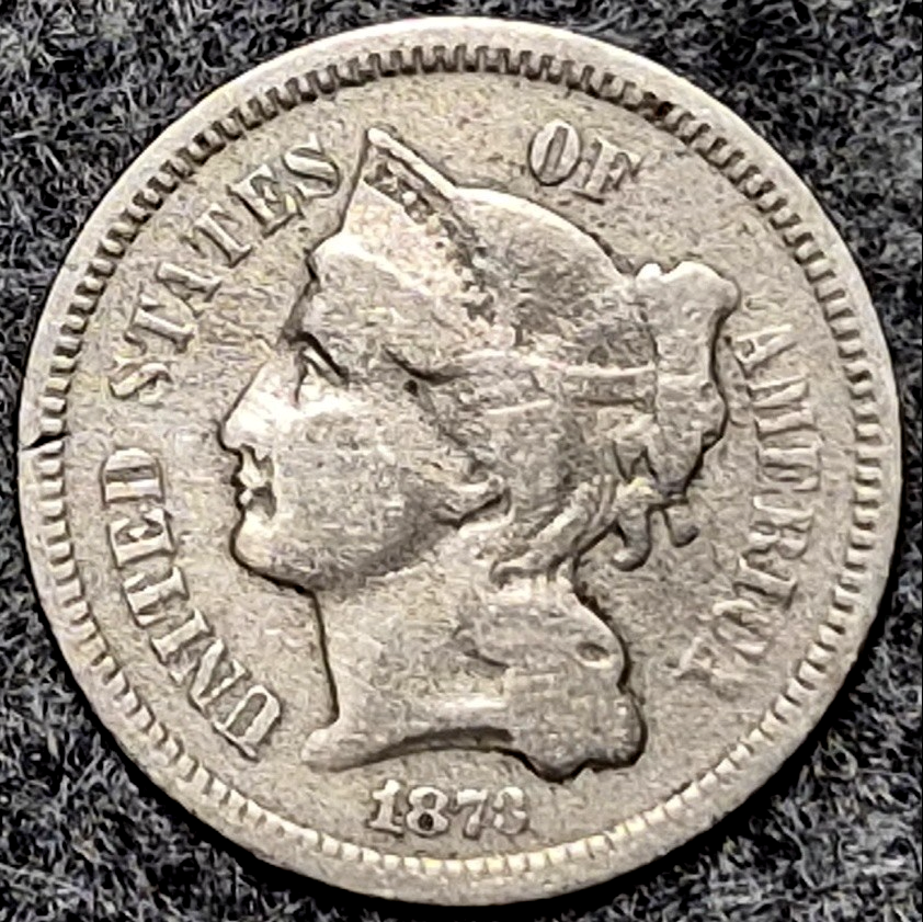 1873 Liberty Three Cent Nickel 3C Closed 3 VF Very Fine Philadelphia Civil War