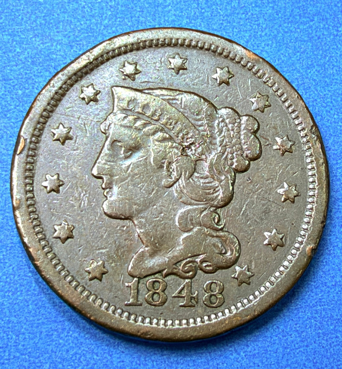 1848 Braided Hair Large Cent VF Sharp Braids Nice Chocolate Surfaces Type Coin