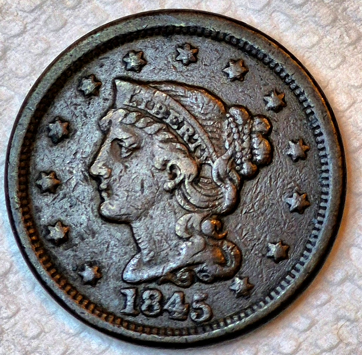 1845 Braided Hair Large Cent Strong VF+ Features, Variant N3, R4, 1C GSID 1111