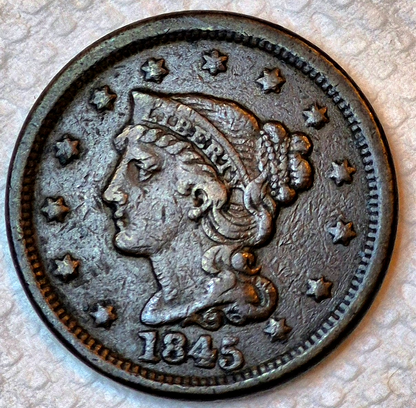 1845 Braided Hair Large Cent Strong VF+ Features, Variant N3, R4, 1C GSID 1111