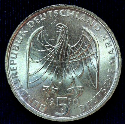 1970 F  GERMANY  5 MARK Ludwig van Beethoven 0.625 SILVER COIN .2251 ASW
