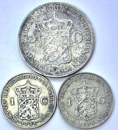 LOT (3) Netherlands SILVER Coins, (1) 2-1/2 Gulden-1930, (2) 1 Gulden-1931