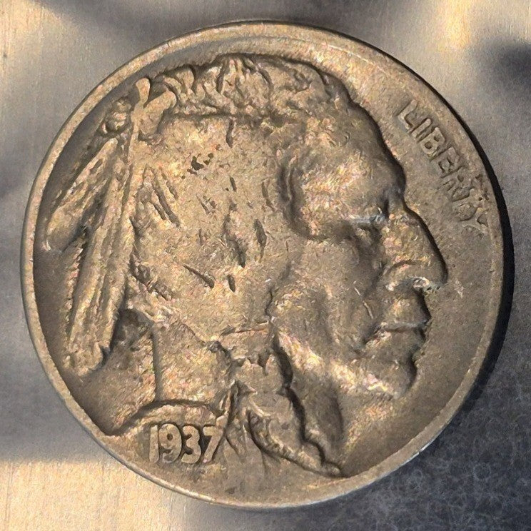 1937-D Buffalo Nickel 5C Indian Head Denver Mint Full Date Bold D Mint Mark VF