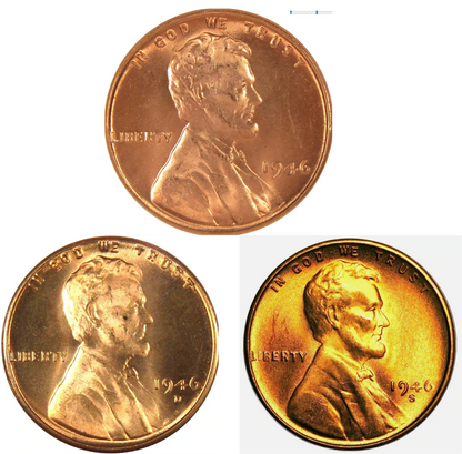 ✅  1946 P/D/S BU Uncirculated 3 COIN SET Lincoln Wheat Cents Choice RED Beauties