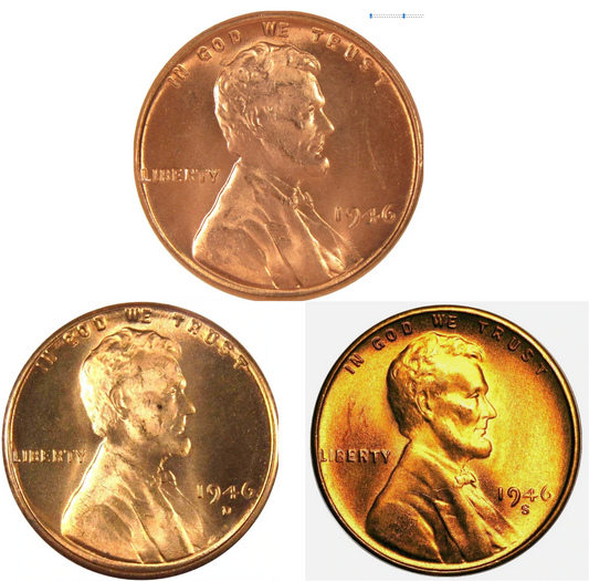 ✅  1946 P/D/S BU Uncirculated 3 COIN SET Lincoln Wheat Cents Choice RED Beauties