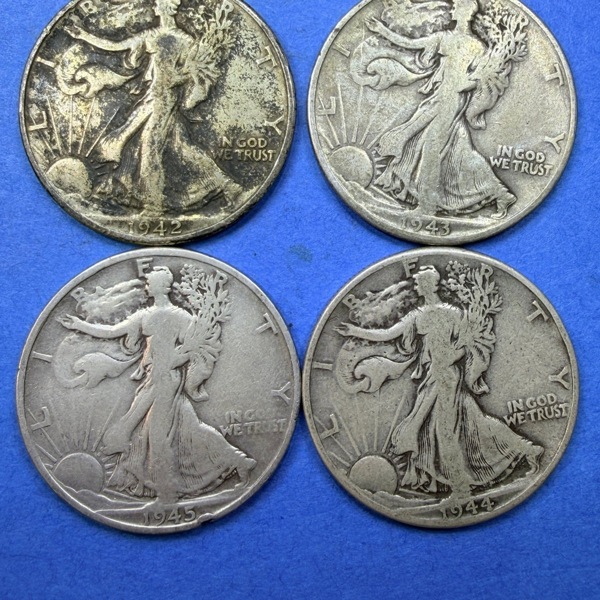 Lot of 4 Walking Liberty Half Dollars 1942 1943 1944 1945-S 90% Silver VG-F