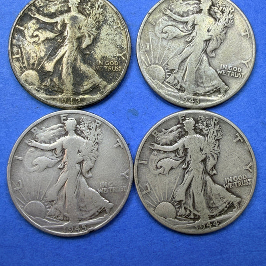 Lot of 4 Walking Liberty Half Dollars 1942 1943 1944 1945-S 90% Silver VG-F
