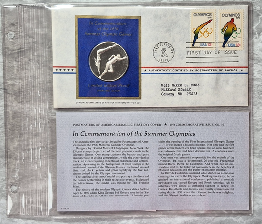 1976 Postmasters of America Summer Olympics Sterling Silver Proof Medal FDC Set
