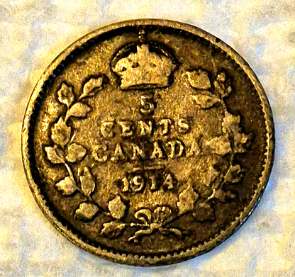1914 Canada 5 Cents .925 Silver King George V, F-VF Features Year CA Entered WWI