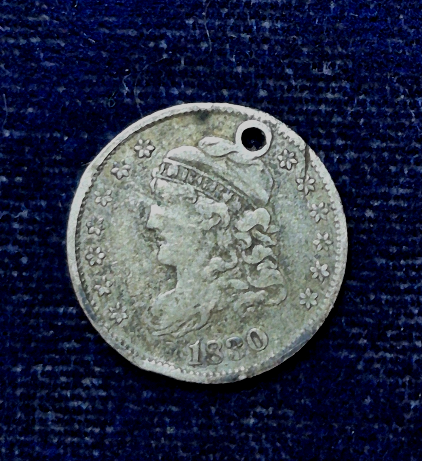 1830 Capped Bust Half Dime .8924 Silver, VF+ Features -Holed -US Early R- 4.5