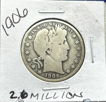 1906 P Barber Half Dollar 90% Silver 50c Coin Strong VG Features