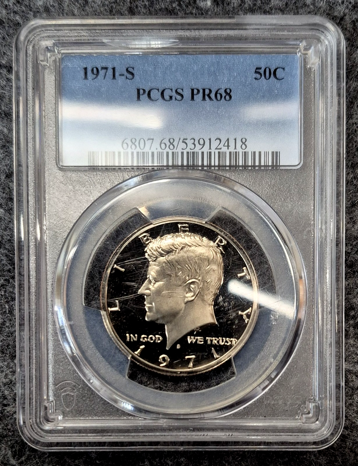 1971-S Kennedy Half Dollar PCGS PR68 Proof 50C Clad Coin - Scratched Holder