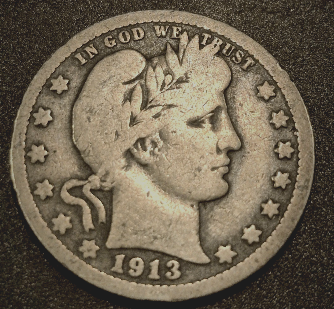1913 Barber Silver Quarter 90 % SILVER Better Date Coin Crisp VG-F Features 25C