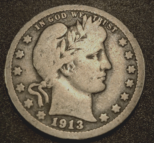1913 Barber Silver Quarter 90 % SILVER Better Date Coin Crisp VG-F Features 25C