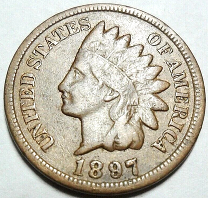 1897 Indian Head Cent Good- Very Good Average Circulated Condition Copper Penny