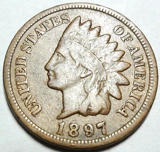 1897 Indian Head Cent Good- Very Good Average Circulated Condition Copper Penny
