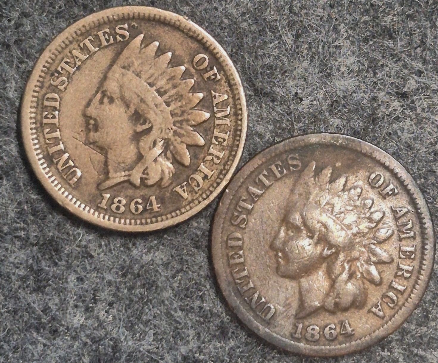 (2) 1864 Indian Head Cents Both VG Features (1) Type II (1) Type III Coins Shown