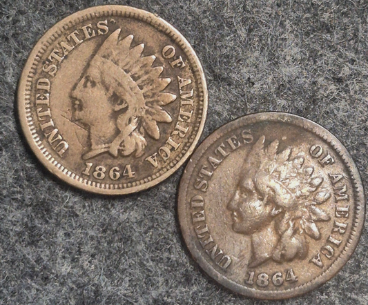 (2) 1864 Indian Head Cents Both VG Features (1) Type II (1) Type III Coins Shown
