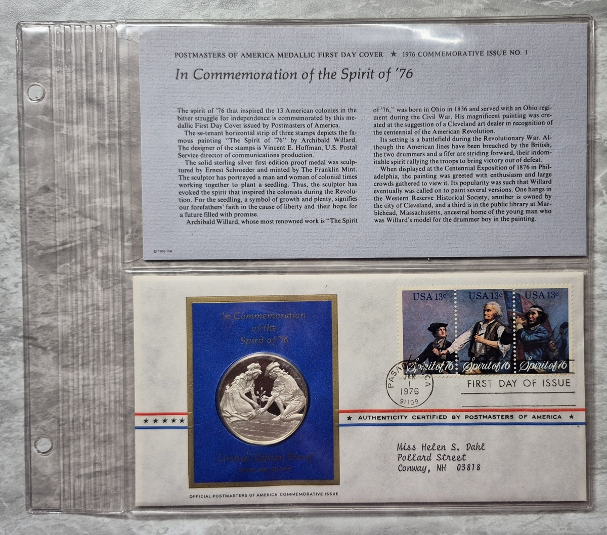 1976 Postmasters of America Spirit of 76 Sterling Silver Proof Medal FDC Issue 1