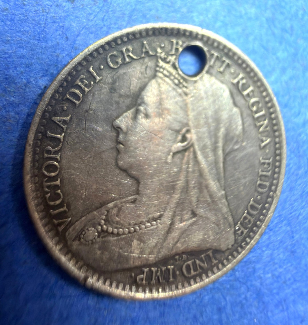 1893 Great Britain 3 Pence Silver Queen Victoria Veiled Head Holed Threepence