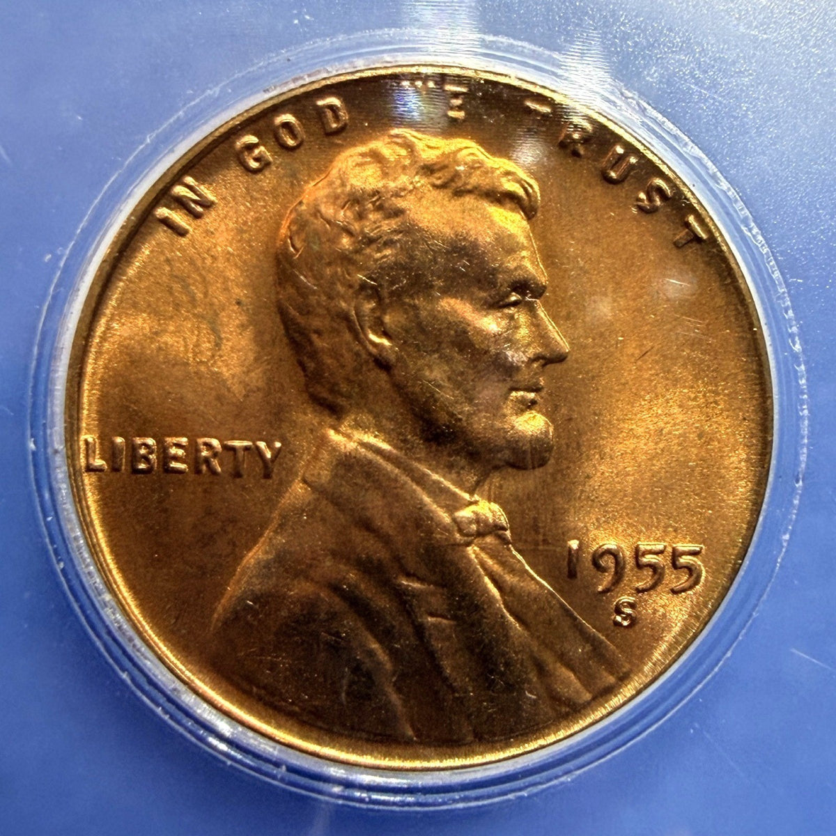 1955-S Lincoln Wheat Cent ICG MS65 RD Last S Mint Cent Until 1968 Full Red Penny