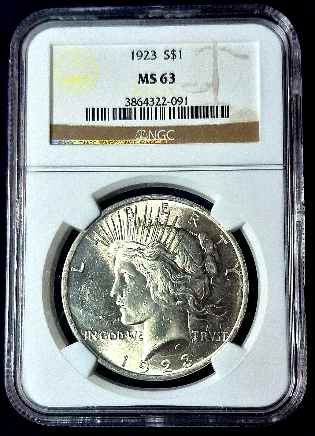 1923 Silver Peace Dollar NGC Exceptional MS63 90%