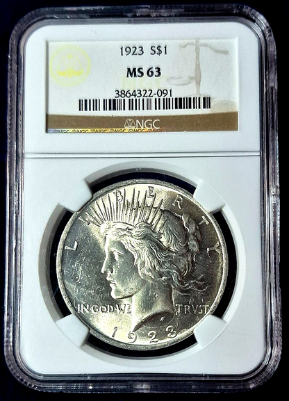 1923 Silver Peace Dollar NGC Exceptional MS63 90%
