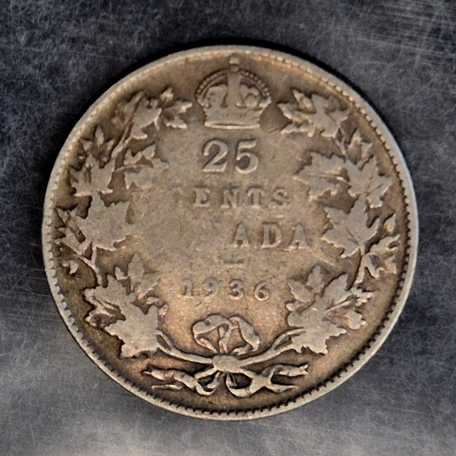 1936 Canada 25 Cents Quarter George V 80% Silver Last Year of Type KM24a Good-VG