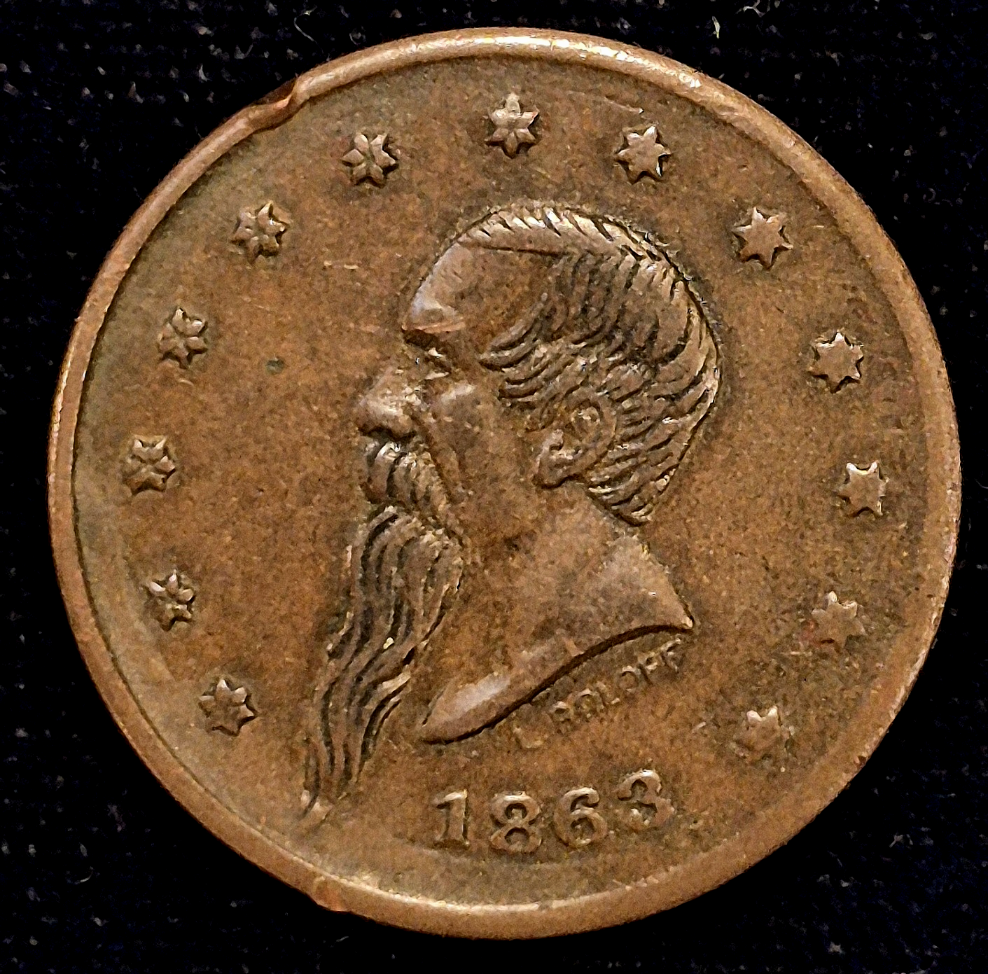 1863 CIVIL WAR Token, Crisp XF-AU Features, Gustavus Lindenmueller F-630AQ-1a