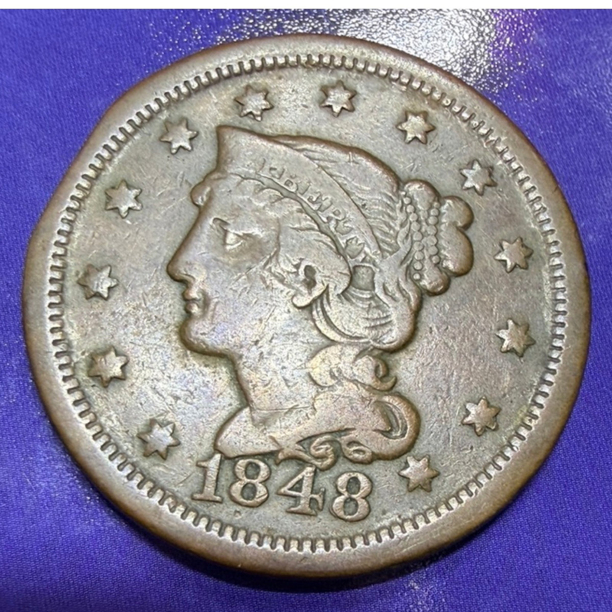 1848 Braided Hair Large Cent 1c F Fine Early US Copper Coin