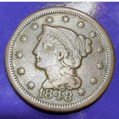 1848 Braided Hair Large Cent 1c F Fine Early US Copper Coin