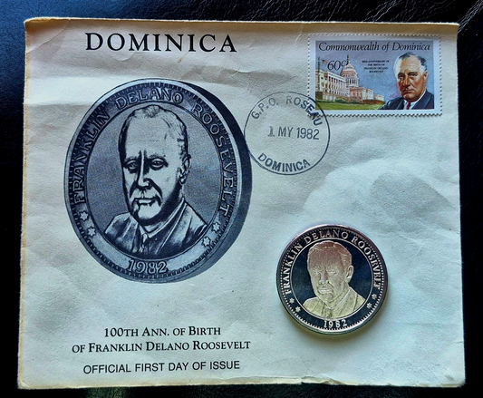 1982 FDR 100th Anniv. 1 oz .999 Fine Silver Round Plus First Day Stamp OGP Toner